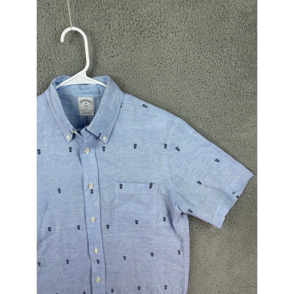 Brooks Brothers Shirt Mens Medium Blue Regent Fit Linen All Over Print Resort